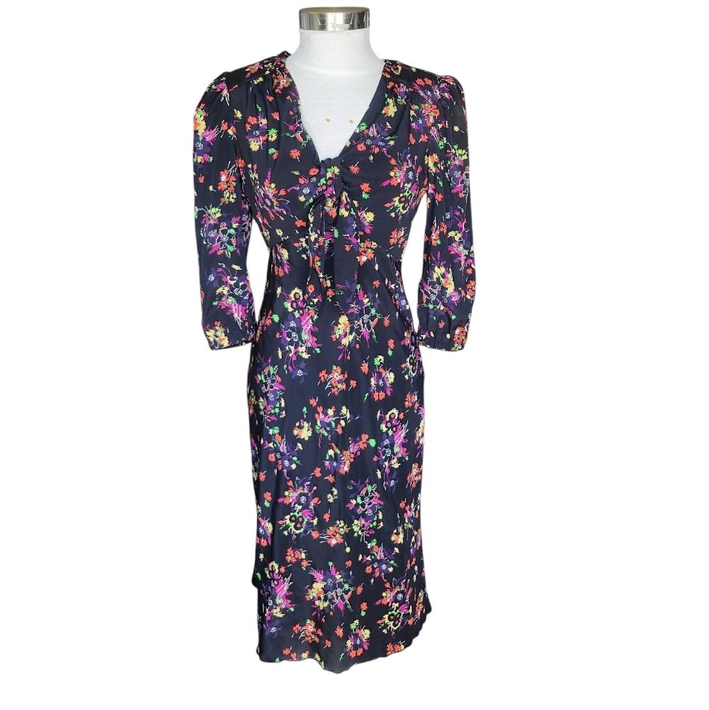 Veronica Beard Amber Black Multi Silk Lined Floral Midi Dress Size 4
